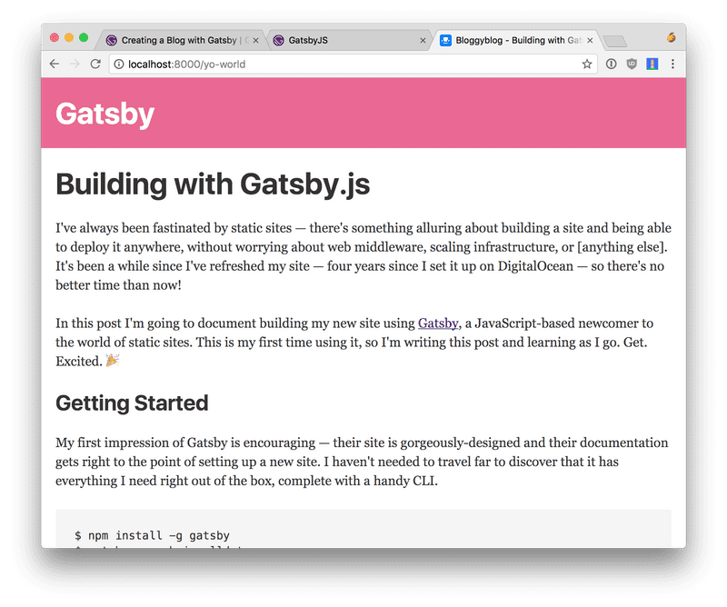 Screenshot of this very blog post being rendered within the Gatsby demo page